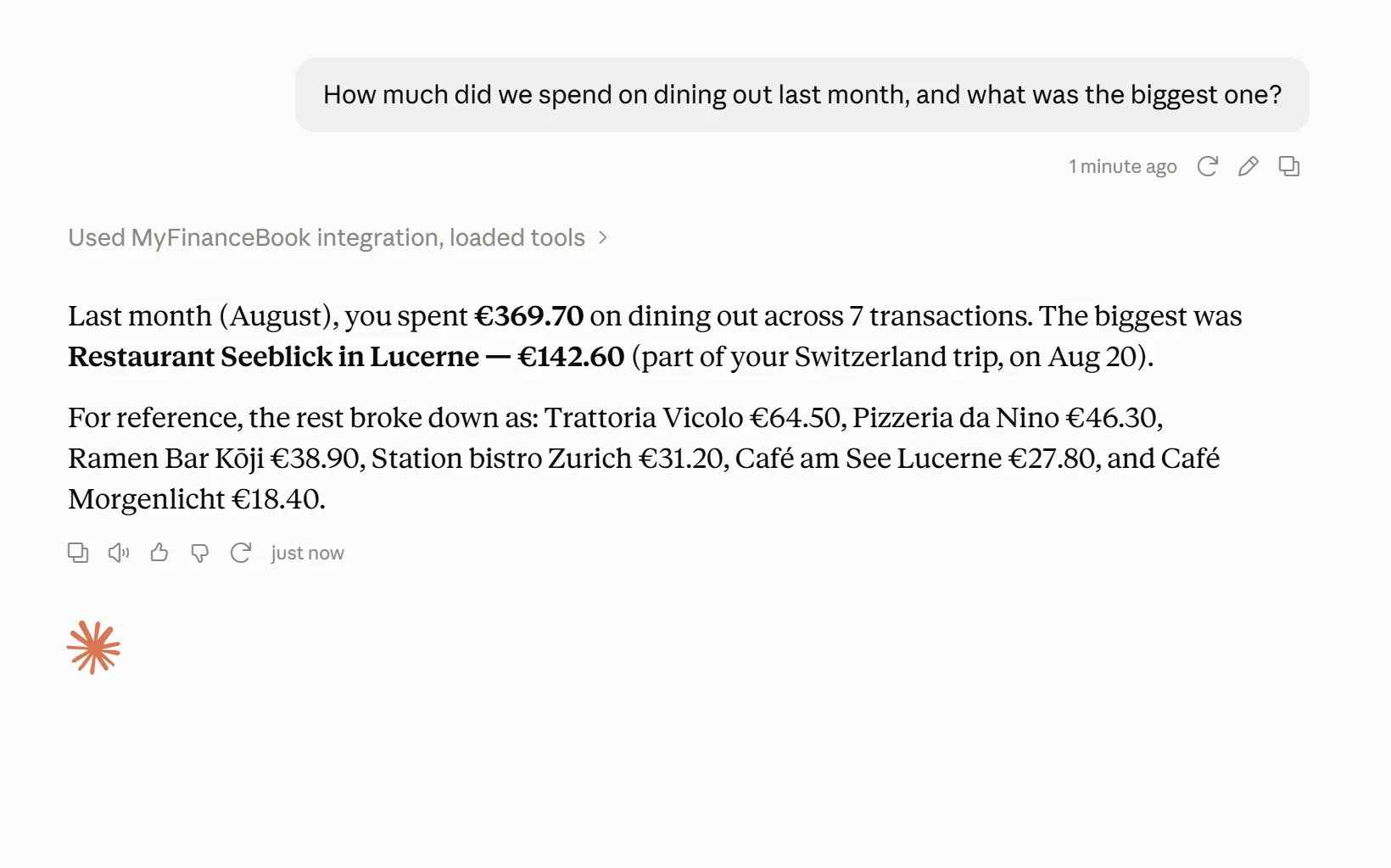 Claude beantwortet, wie viel letzten Monat in Restaurants ausgegeben wurde, und nennt die größte Rechnung, aus einem verbundenen MyFinanceBook-Konto.